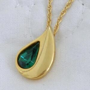 D.M Dainty Gold Tone Faux Emerald Green Teardrop Pendant Necklace